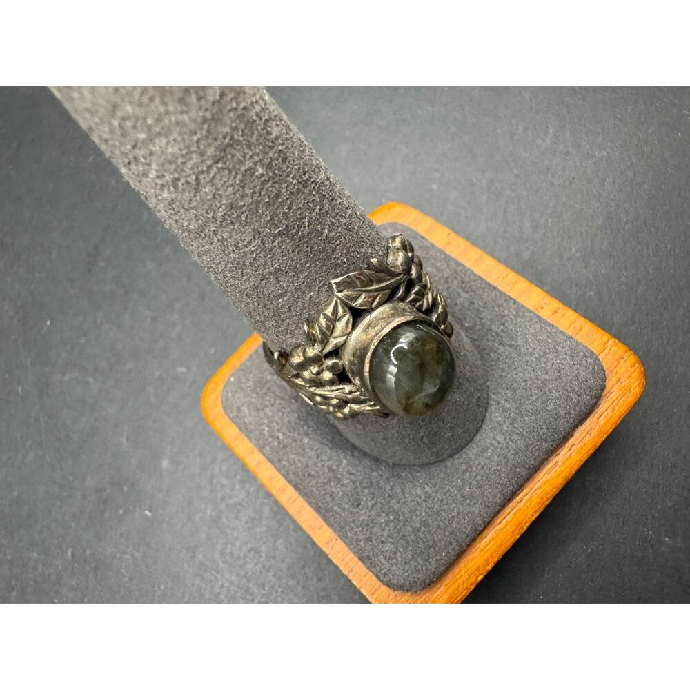 Vintage 925 Sterling Silver Labradorite Ring Art Nouveau Floral Leaf Band Sz 10 - Picture 3 of 9